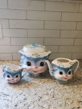 Vintage Collectible Miss Priss Cookie Jar, Tea Pot And Creamer